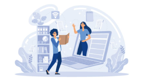 Illustration of two people getting information from books and online.